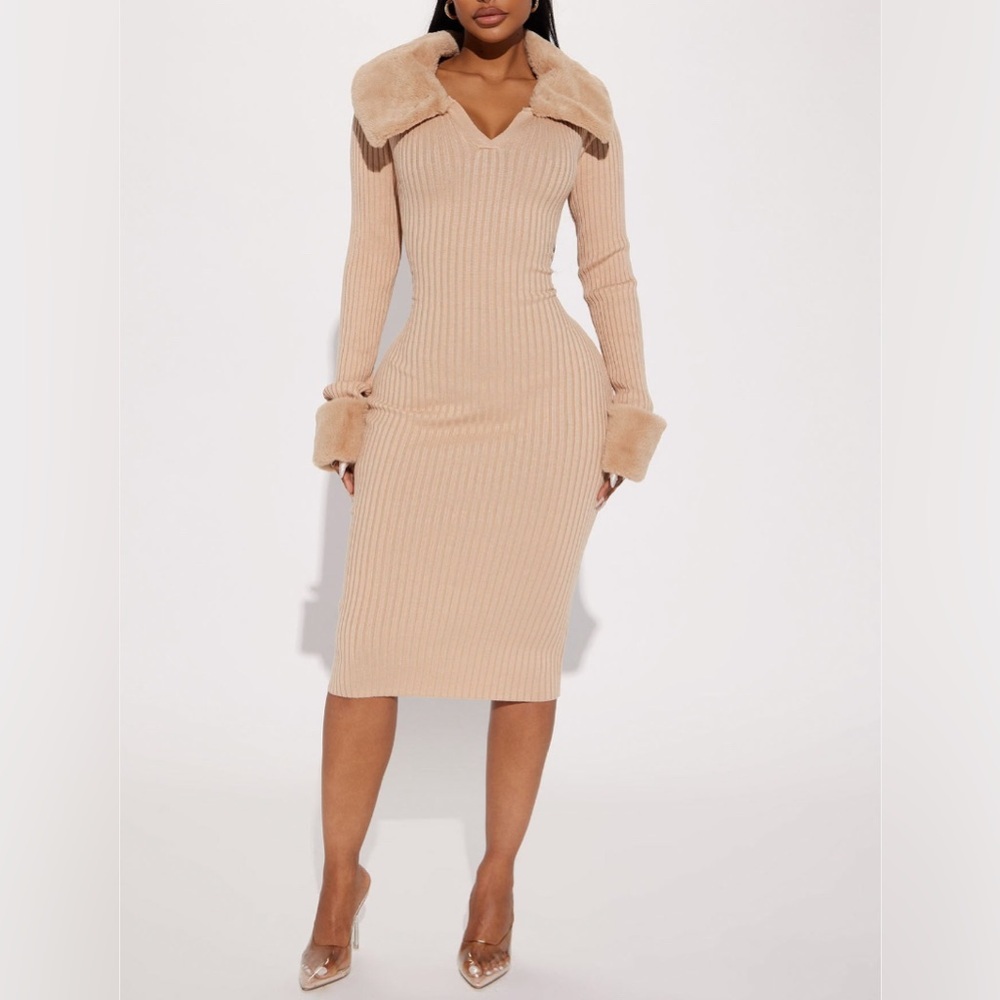 Elegant Tan Ribbed Dress with Faux Fur Accents